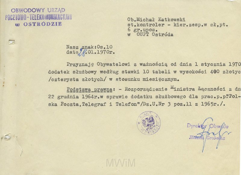 KKE 5567.jpg - Dok. Pismo z Obwodowego Urzędu Pocztowo-Telekomunijkacyjnego w Ostródzie do Michała Katkowskiego dotyczące dodatku służbowego, Ostróda, 28 I 1970 r.